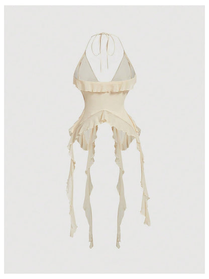 WDIRARA Women's 3D Flower Tie Front Ruffle Trim Halter Top Tie Backless Camisole