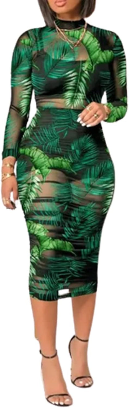 Women Sexy See Through Mesh Long Sleeve Ruched Midi Dresses Crop Top Bodycon Skirt 3 Piece Outfits Set Clubwear