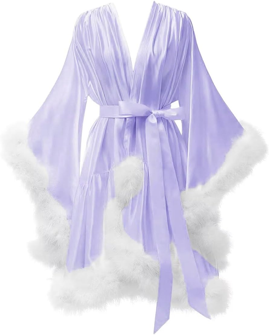 Yexinbridal Feather Fur Robe Silk Satin Bridal Dressing Gown Sexy Illusion Lingerie Nightgown Bathrobe Sleepwear