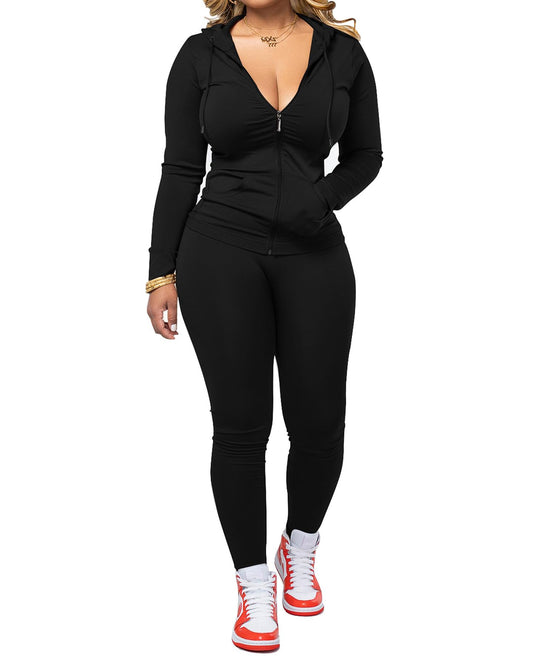 PINSV Women Two Piece Outfits Workout Sets Bodycon Tracksuit Long Sleeve Zip Up Hoodie Jacket Jogger Matching Sweat Pants Set