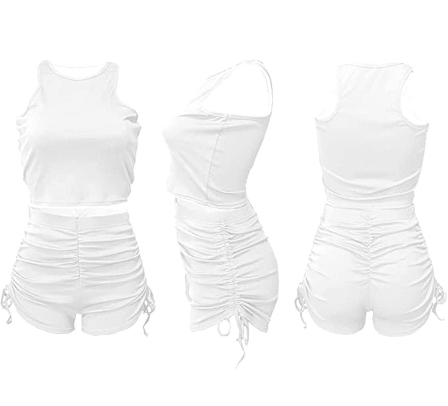 PYAEAS Summer Two Piece Outfits for Women, Casual Stretchy Ribbed Tank Crop Top Ruched Shorts Set Workout Tracksuits