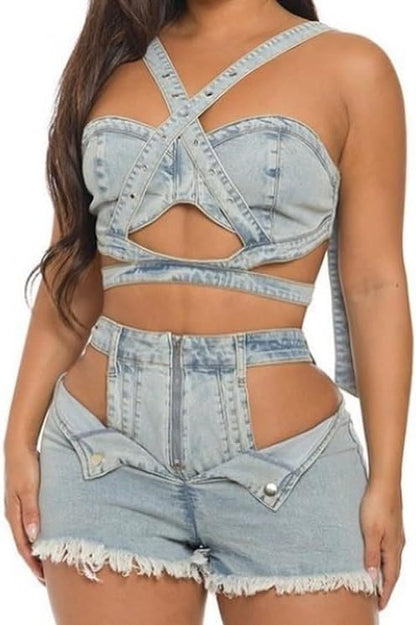 Womens Sexy Denim 2 Piece Outfit Stretchy Crop Tank Top Bodycon Shorts Set Hollow Out Jean Vest Club Tracksuit Summer