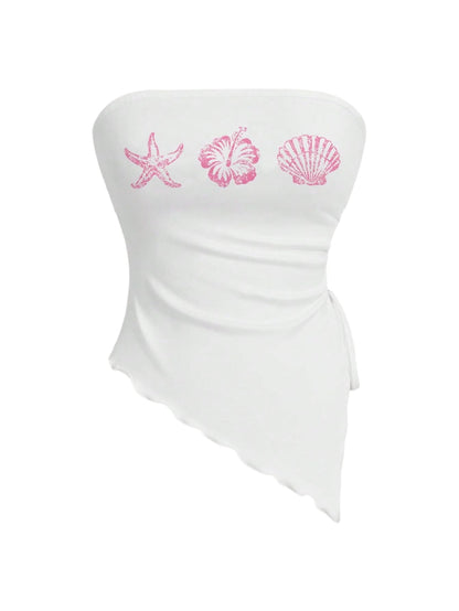 WDIRARA Women's Floral Mesh Strapless Side Ruched Tube Top Asymmetrical Hem Bandeau Crop Tops