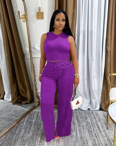 Womens Trendy Ribbed Knit 2 Piece Outfit Sleeveless Crop Top and High Waist Wide Leg Pants Matching Lounge Set