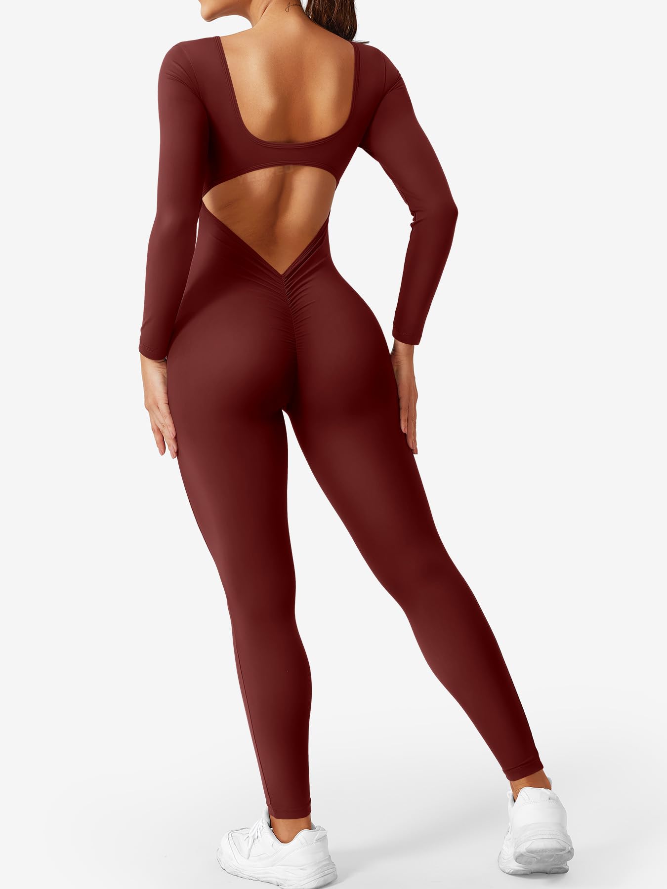 YEOREO Long Sleeve Jumpsuits for Women V Back Bodysuit Workout Full Length Bodycon Scrunch Leggings One Piece Romper