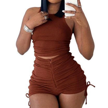 PYAEAS Summer Two Piece Outfits for Women, Casual Stretchy Ribbed Tank Crop Top Ruched Shorts Set Workout Tracksuits