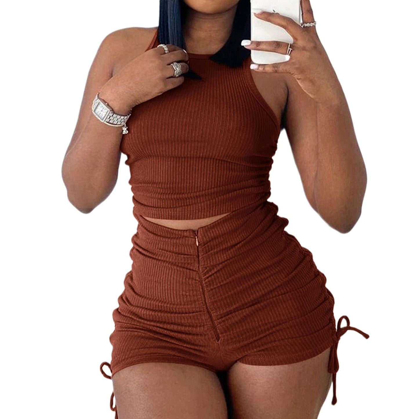 PYAEAS Summer Two Piece Outfits for Women, Casual Stretchy Ribbed Tank Crop Top Ruched Shorts Set Workout Tracksuits