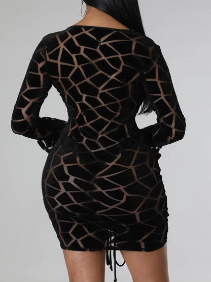 Uni Clau Women Sexy Sheer Mesh Boydcon Midi Dress See Through Printed Long Sleeve Midi Skinny Clubwear Party Dress