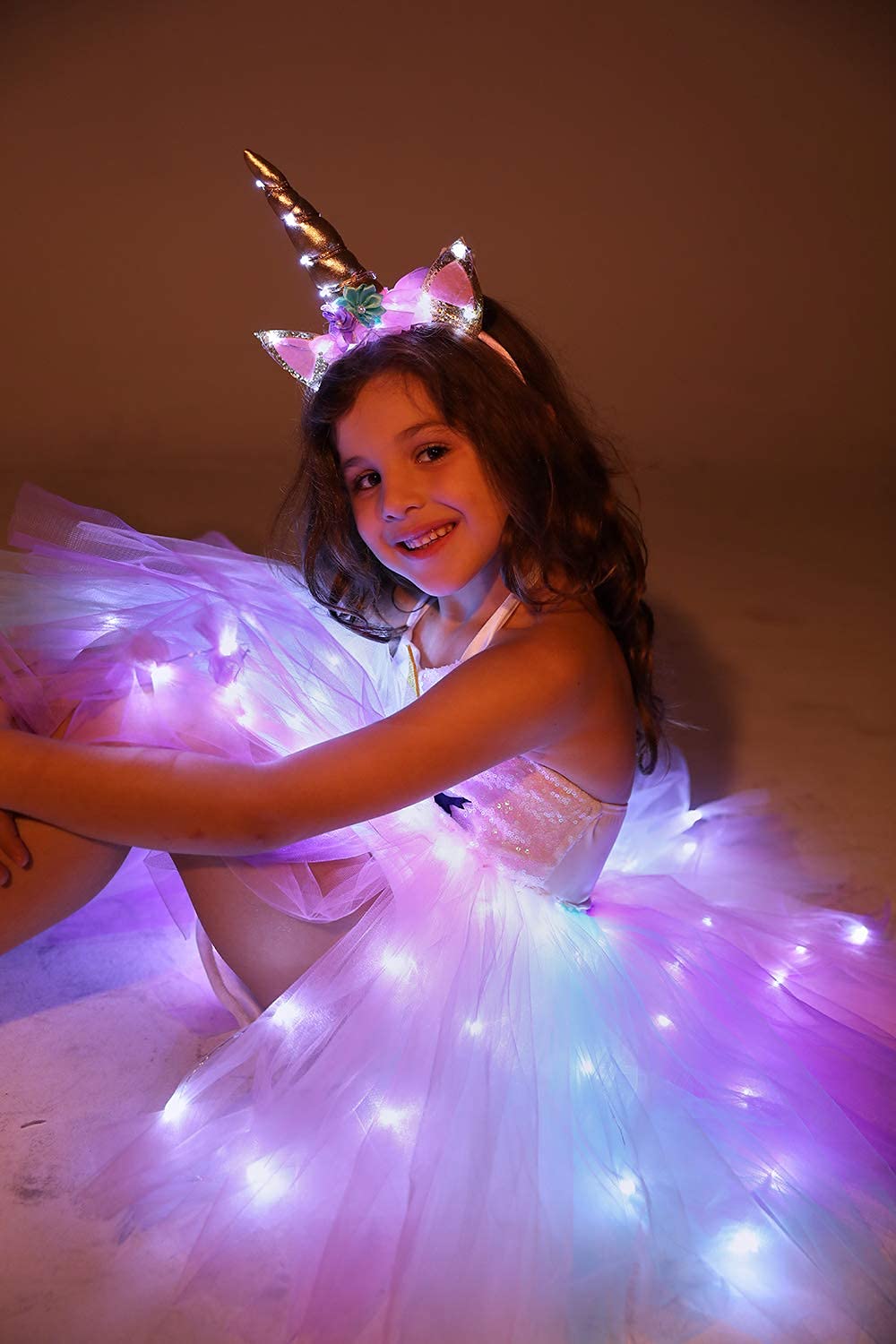 Soyoekbt Girls Unicorn Costume LED Light Up Unicorn Dress Birthday Party Princess Dress for Halloween Party