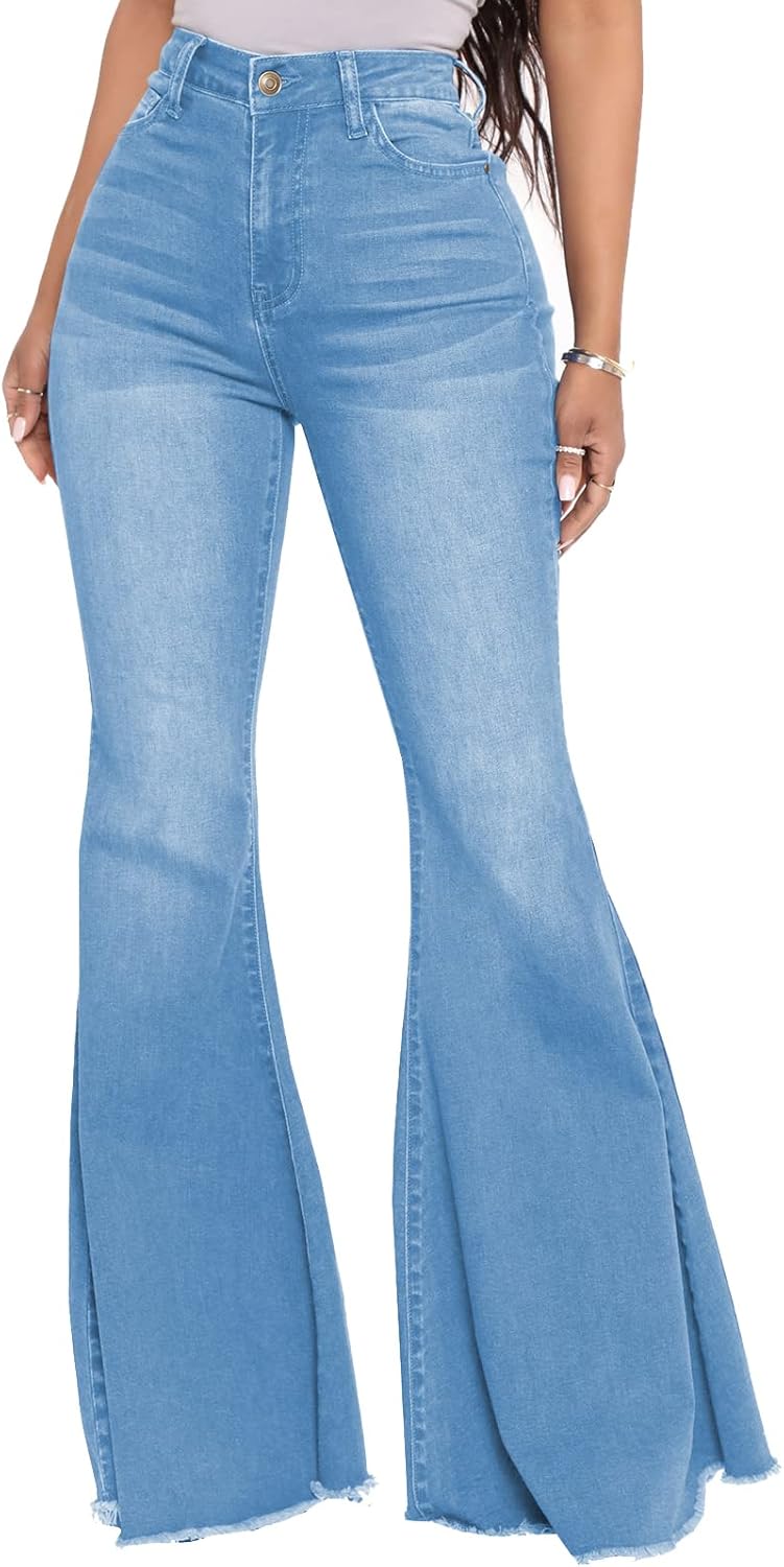 Women's Bell Bottom Jeans Classic Destoryed Ripped Flare Jeans Elastic Waist Raw Hem Denim Pants
