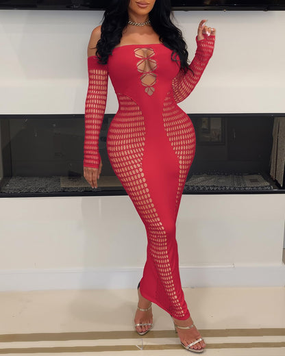 Women's Dress Sexy Club Dress Elegant Long Sleeve Off Shoulder Hollow Out Mesh Bodycon Party Dresses