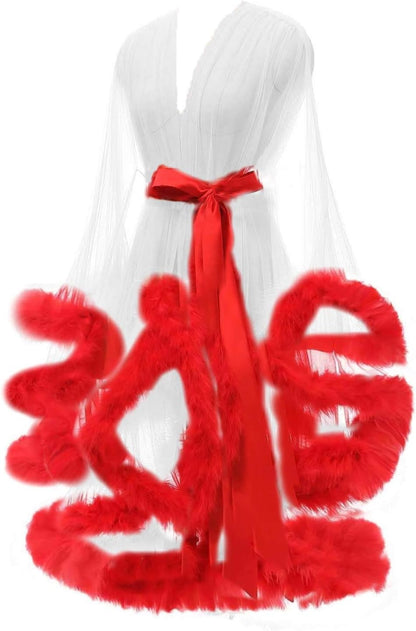 Tulle Feather Robe Sexy Sheer Mesh Fur Bridal Illusion Boudoir Bathrobe Nightgown Christmas Lingerie