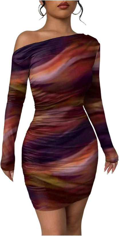Women's Off Shoulder Ombre Tie Dye Bodycon Dress Long Sleeve Slim Fit Pencil Mini Dresses