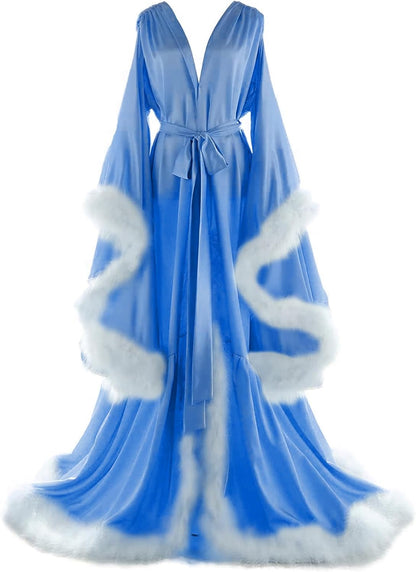 Women's Feather Bridal Robes Old Hollywood Maternity Photoshoot Nightgown Silk Bathrobe Long Lingerie