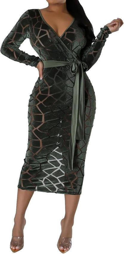 Uni Clau Women Sexy Mesh Velvet Patchwork Midi Dress Long Sleeve See Through Hollow Out Bodycon Party Club Midi Dresses