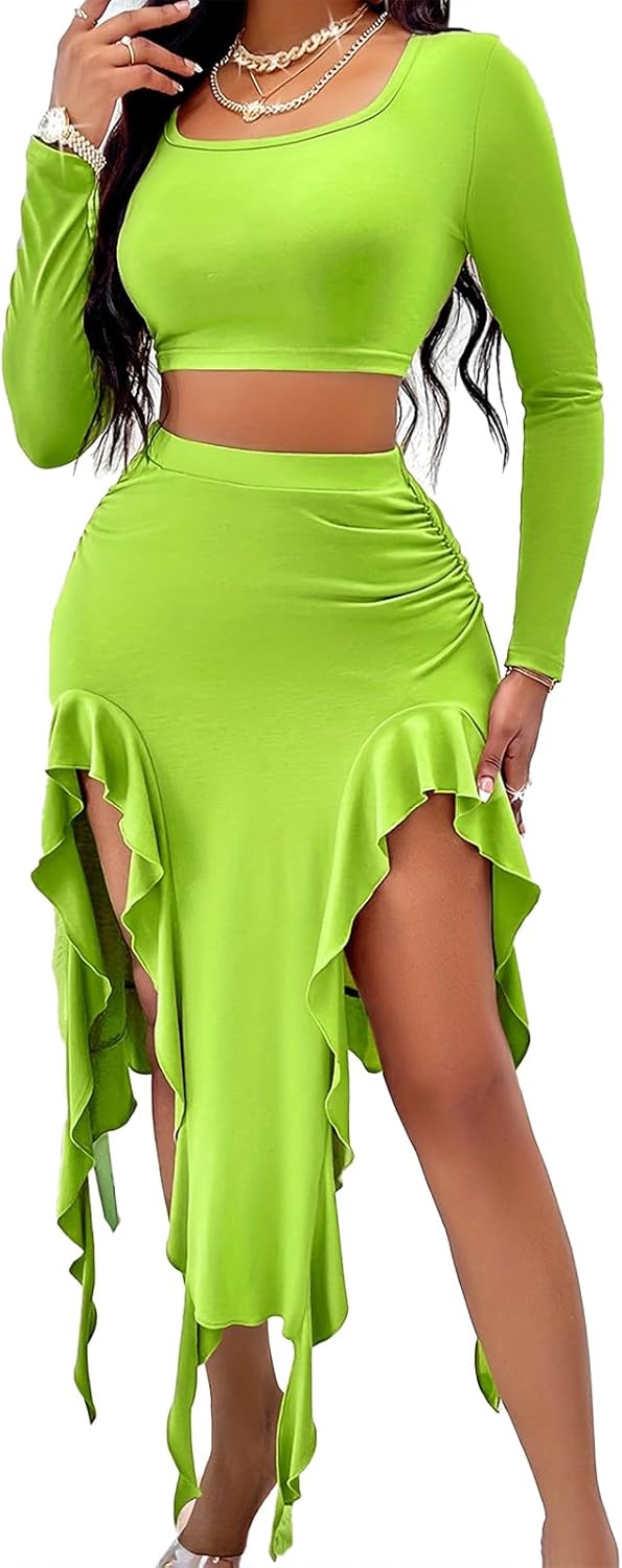 BARASA Women Summer 2 Piece Skirt Sets Comfy Ruffle Trim Irregular Split Sexy Y2k Club Party Tops Jellyfish Skirt Suits S69
