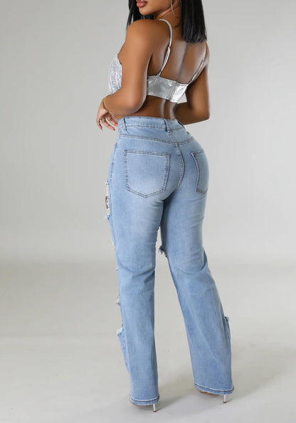 Womens Sexy Ripped Jeans High Waisted Rhinestones Pearl Chains Distressed Baggy Jeans Party Clubwear Denim Pants