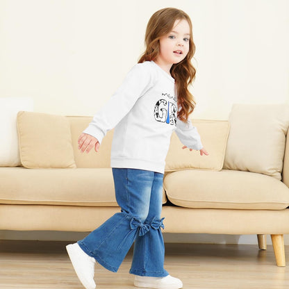 Toddler Girl Clothes Long Sleeve Cartoon & Letter Graphic Top + Fruit Stationery Print Flared Leg Pants