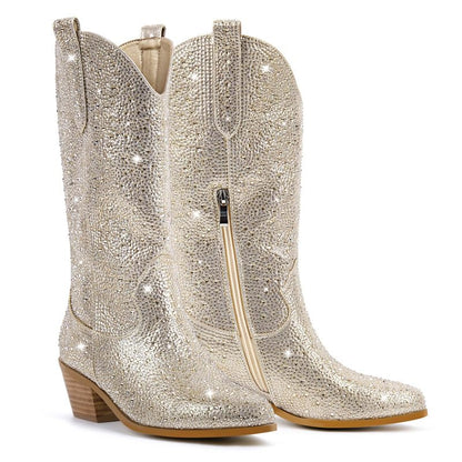 Richealnana Sparkly Rhinestones Cowboy Cowgirl Style Boots Calf High Boots for Women 2INCH Heeled Shining Pull On Tabs