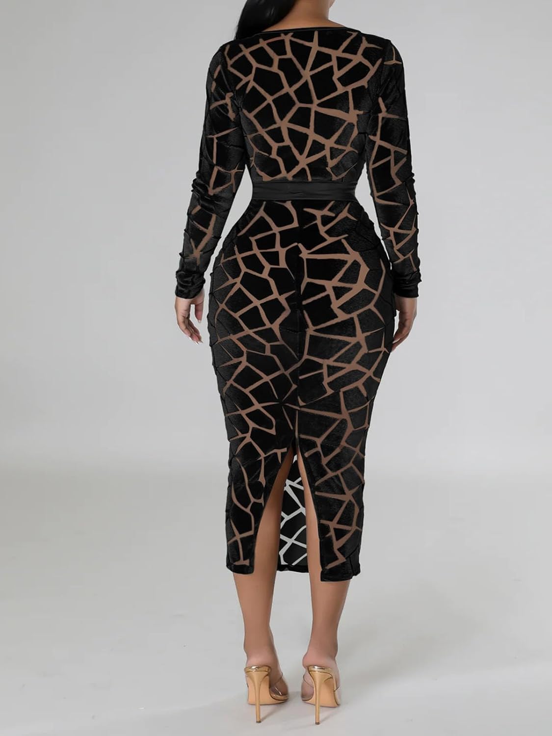 Uni Clau Women Sexy Mesh Velvet Patchwork Midi Dress Long Sleeve See Through Hollow Out Bodycon Party Club Midi Dresses