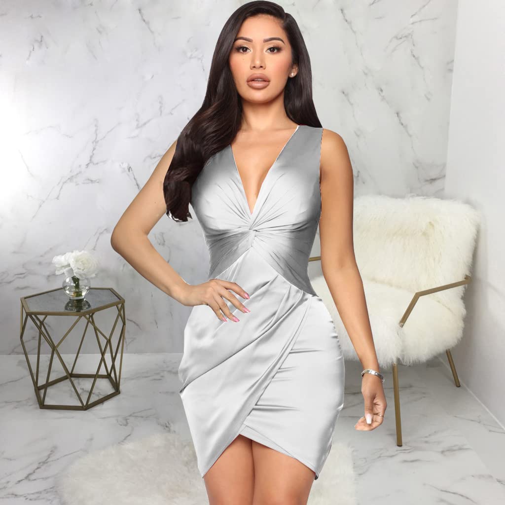 LightlyKiss Womens Midi Wrap Wedding Guest Dress Sleeveless Bodycon Ruched Cocktail Party Dresses