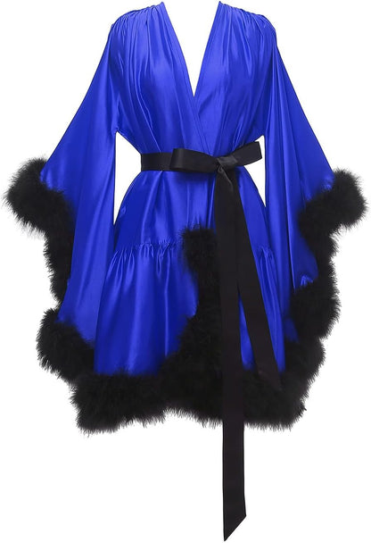 Yexinbridal Feather Fur Robe Silk Satin Bridal Dressing Gown Sexy Illusion Lingerie Nightgown Bathrobe Sleepwear