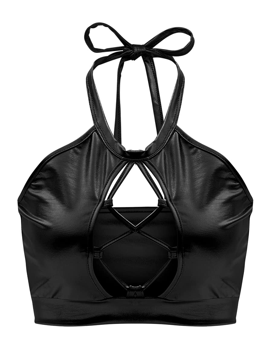 Womens Shiny Metallic Halter Tank Vest Bra Crop Tube Top Sexy Outfits for Festival Rave Dance Clubwear