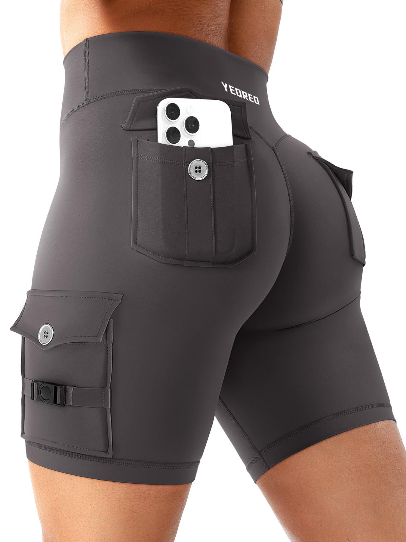 YEOREO CoreFlex Women Workout Biker Shorts with Cargo Pockets Hidden Scrunch High Waisted 8" Inseam Gym Shorts