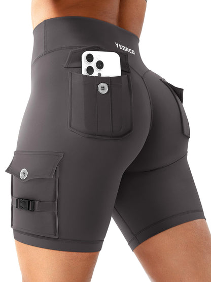 YEOREO CoreFlex Women Workout Biker Shorts with Cargo Pockets Hidden Scrunch High Waisted 8" Inseam Gym Shorts