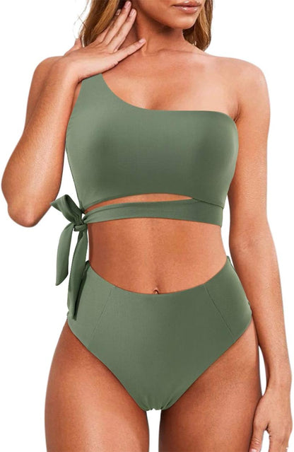 MOOSLOVER Women One Shoulder High Waisted Bikini Tie High Cut Two Piece Swimsuits
