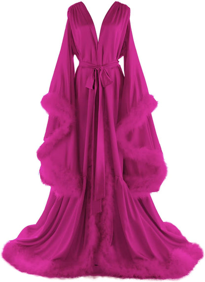 Women's Feather Bridal Robes Old Hollywood Maternity Photoshoot Nightgown Silk Bathrobe Long Lingerie
