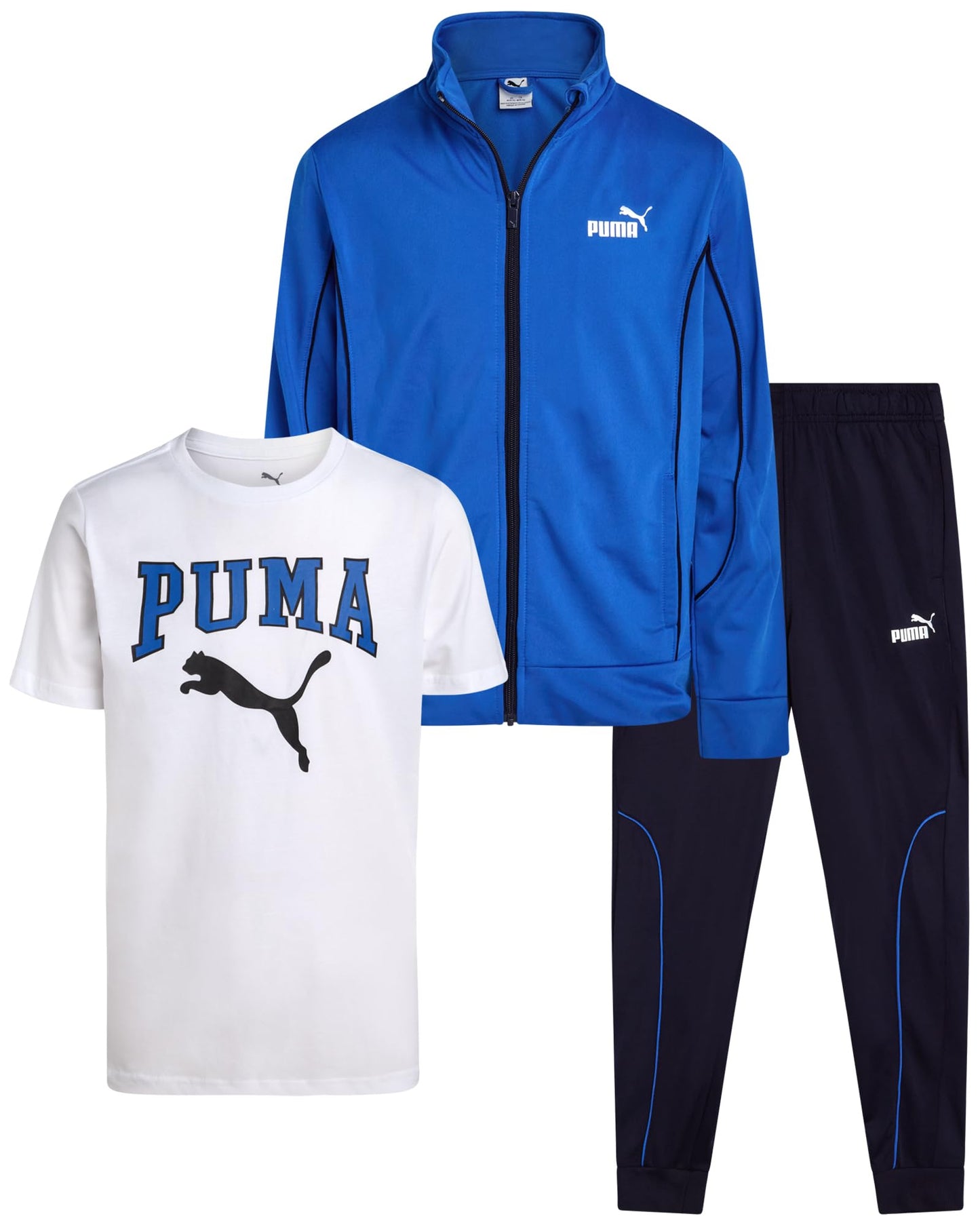 PUMA Boys Pants Set - 3 Piece Athletic T-Shirt, Zip Up Jacket, Jogger Pants - Boys Activewear Tricot Jogset (8-16)