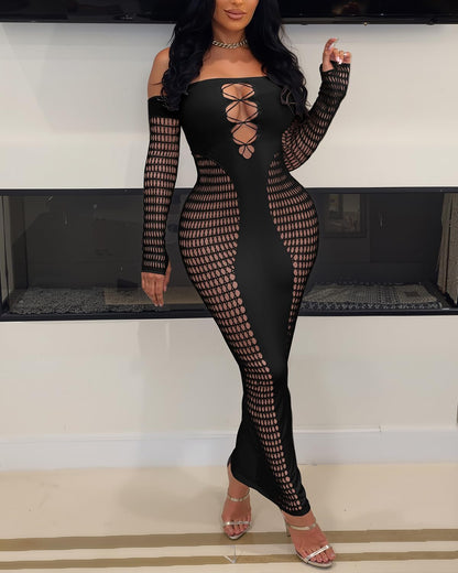 Women's Dress Sexy Club Dress Elegant Long Sleeve Off Shoulder Hollow Out Mesh Bodycon Party Dresses