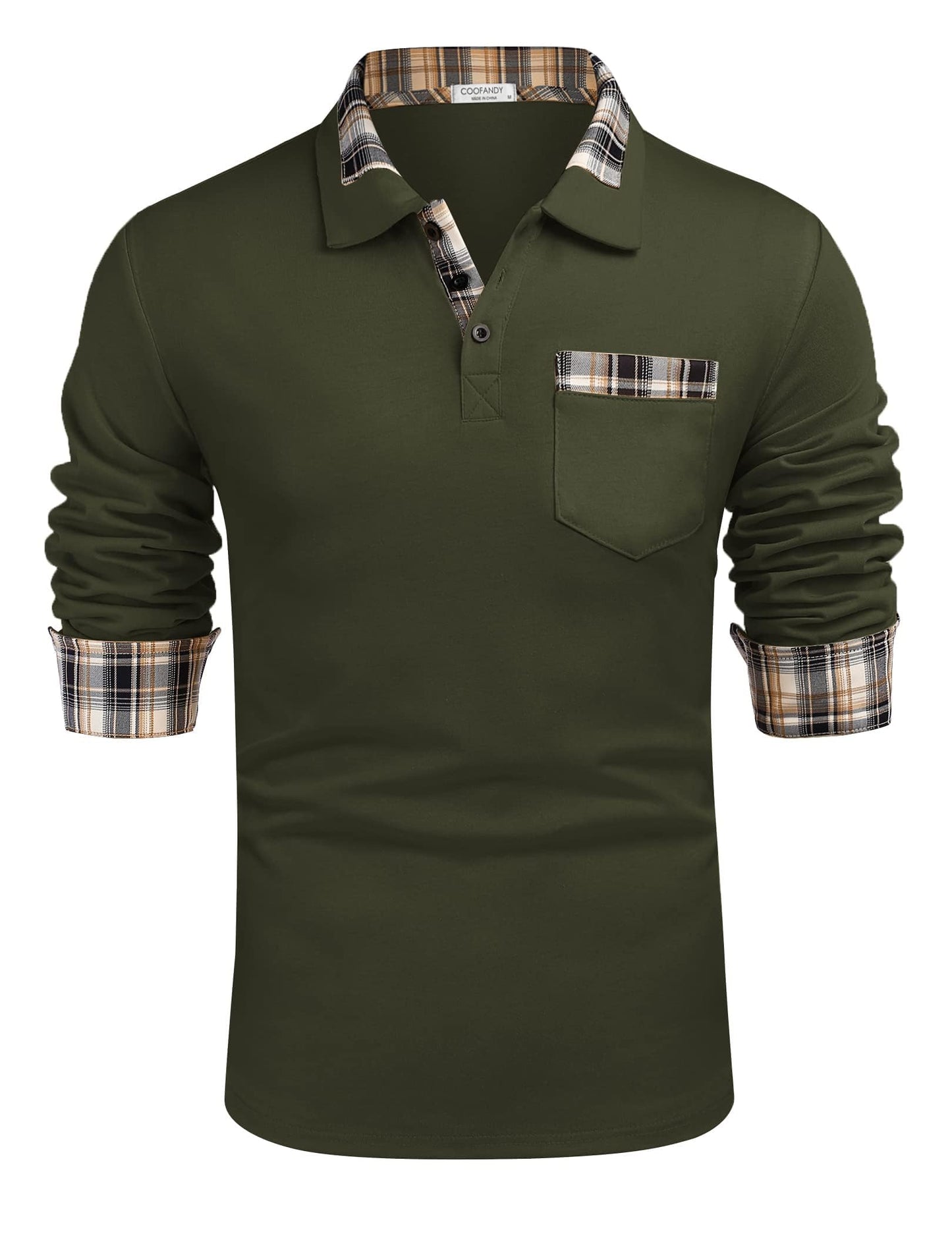 COOFANDY Men's Casual Polo Shirt Long Sleeve Classic Plaid Button Tees with Pockets