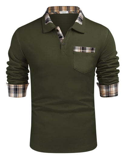 COOFANDY Men's Casual Polo Shirt Long Sleeve Classic Plaid Button Tees with Pockets