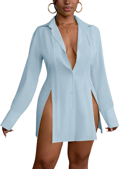 LYANER Women's Button Down Shirt Dress Collar V Neck Long Sleeve Slit Sexy Shirt Dresses