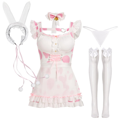 ABAFIP Women's Cute Cosplay Outfits Kawaii Anime Role Play Cow Kitten Ear Headband Stockings Ruffle Mini Dress set