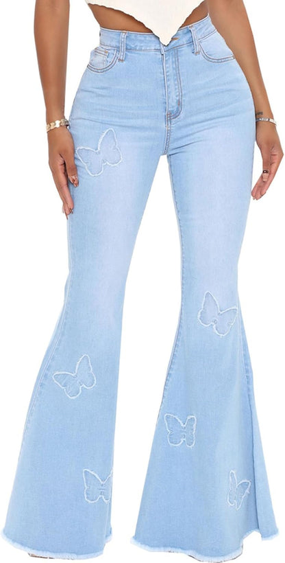 Women's Bell Bottom Jeans Classic Destoryed Ripped Flare Jeans Elastic Waist Raw Hem Denim Pants