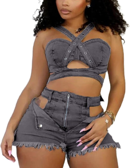 Womens Sexy Denim 2 Piece Outfit Stretchy Crop Tank Top Bodycon Shorts Set Hollow Out Jean Vest Club Tracksuit Summer