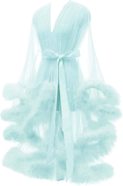 Tulle Feather Robe Sexy Sheer Mesh Fur Bridal Illusion Boudoir Bathrobe Nightgown Christmas Lingerie