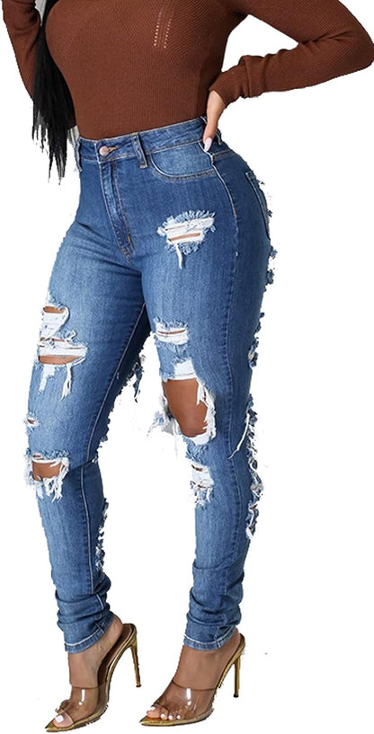 Women's Skinny Ripped Jeans Stretch Destroyed Mid High Waist Denim Pants