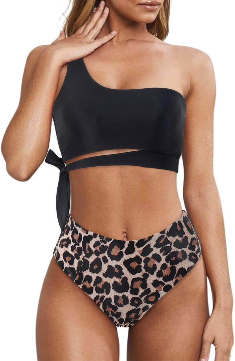 MOOSLOVER Women One Shoulder High Waisted Bikini Tie High Cut Two Piece Swimsuits