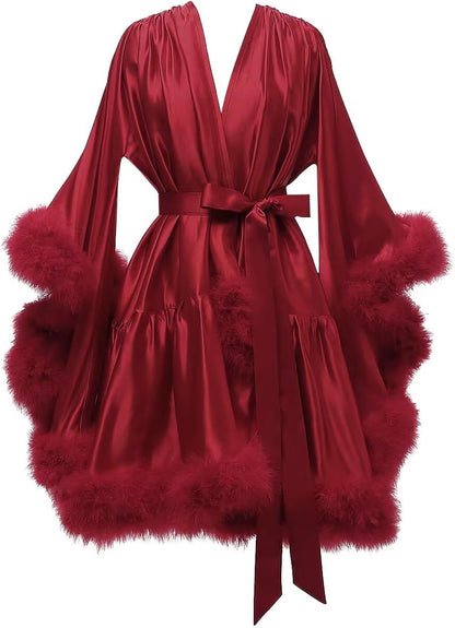Yexinbridal Feather Fur Robe Silk Satin Bridal Dressing Gown Sexy Illusion Lingerie Nightgown Bathrobe Sleepwear