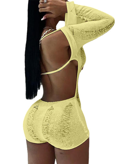Women Sexy Off Shoulder Crochet Knitted Hollow Out Long Sleeve Romper Backless Bodycon Party Club Night Rompers
