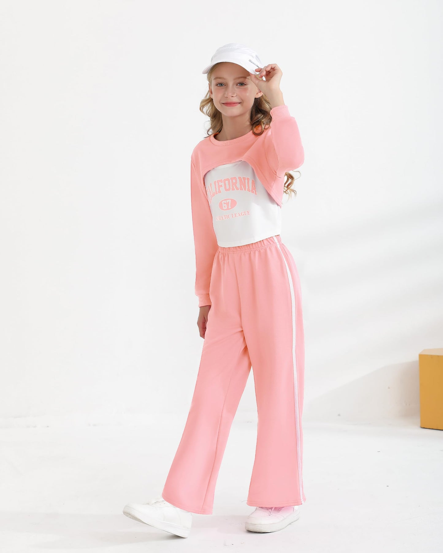 Girls 3 Piece Outfits Long Sleeve Crop Shirts & Cami Tops & Sweatpants Sets Fall Clothes Size 8-12Y