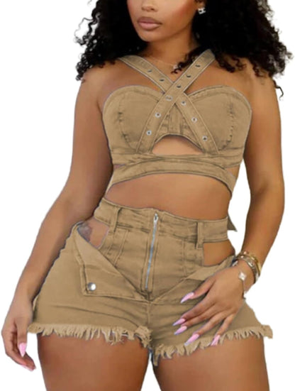Womens Sexy Denim 2 Piece Outfit Stretchy Crop Tank Top Bodycon Shorts Set Hollow Out Jean Vest Club Tracksuit Summer