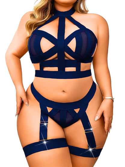 Curvy Lady's Strappy Lingerie For Women, Plus Size Exotic Garter Thong, BBW Halter Gifts For Him 3 Piece Set