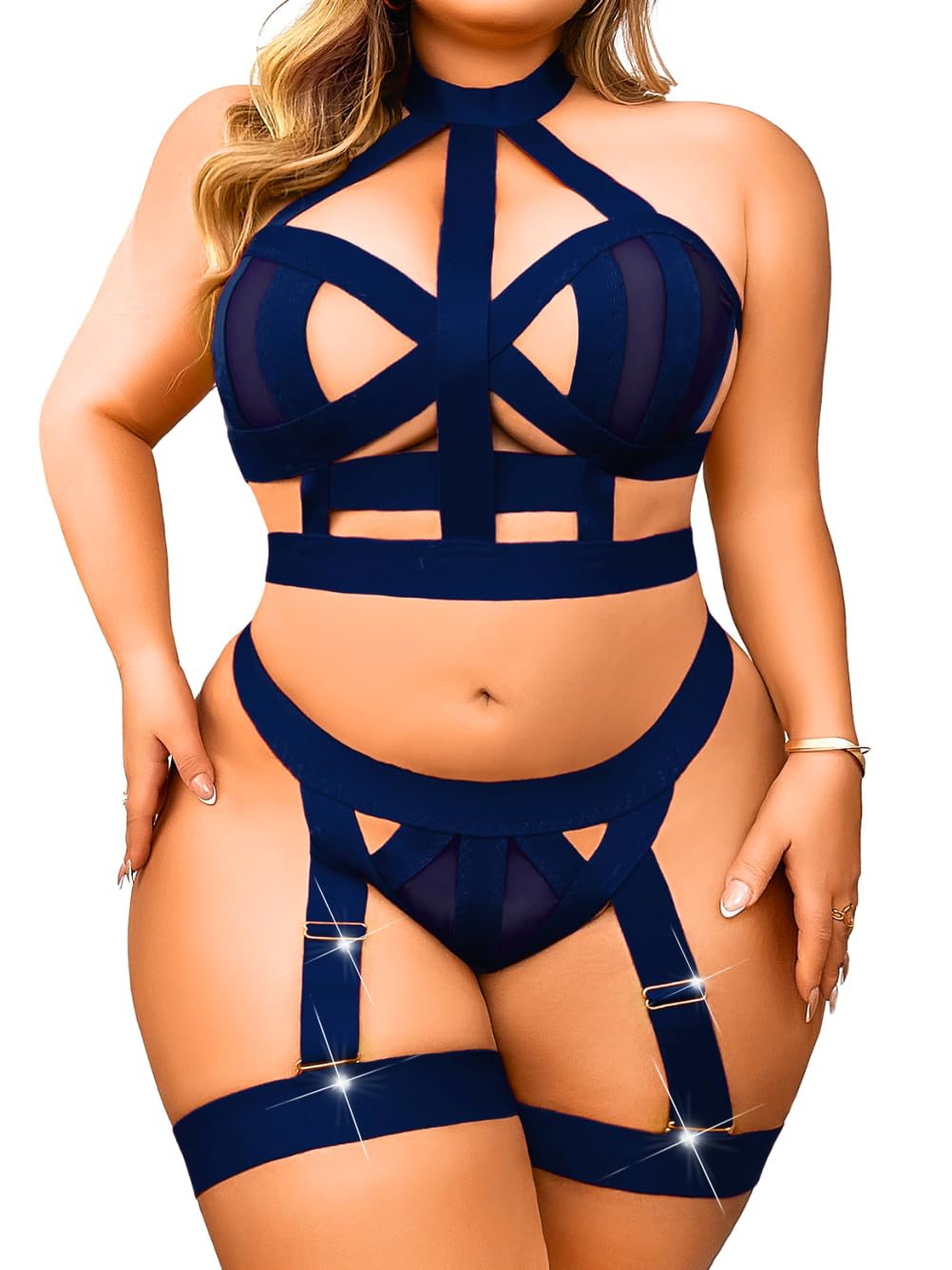 Curvy Lady's Strappy Lingerie For Women, Plus Size Exotic Garter Thong, BBW Halter Gifts For Him 3 Piece Set