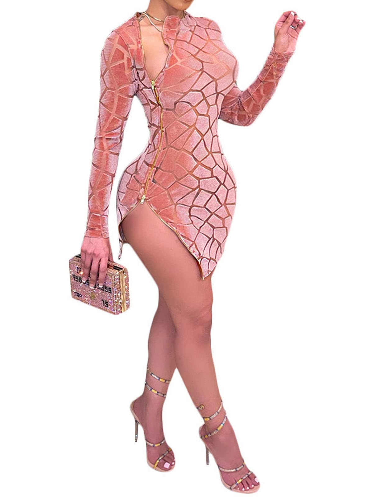 Uni Clau Women Sexy Sheer Mesh Boydcon Midi Dress See Through Printed Long Sleeve Midi Skinny Clubwear Party Dress