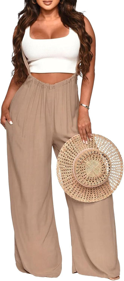 Nimsruc Womens Jumpsuit Casual Loose Sleeveless Adjustable Spaghetti Straps Wide Leg Pants Baggy Overalls With Pockets
